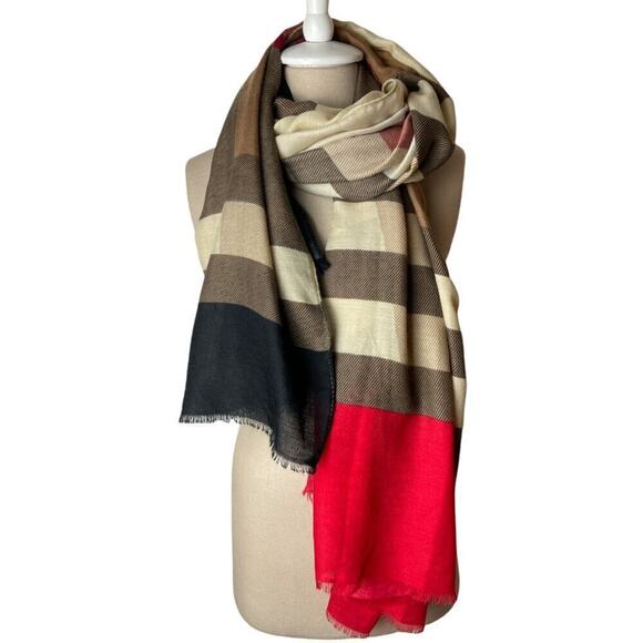 Lightweight Geo Pattern Tan Brown Red Scarf Wrap - Picture 1 of 2